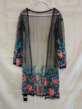 Sheer Black Embroidered Floral Duster